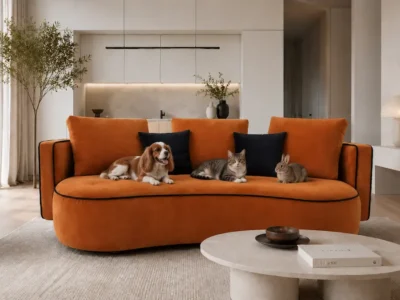 divano-velluto-arancio-bruciato-soggiorno-con animali