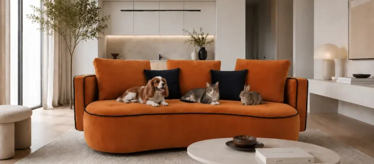 divano-velluto-arancio-bruciato-soggiorno-con animali